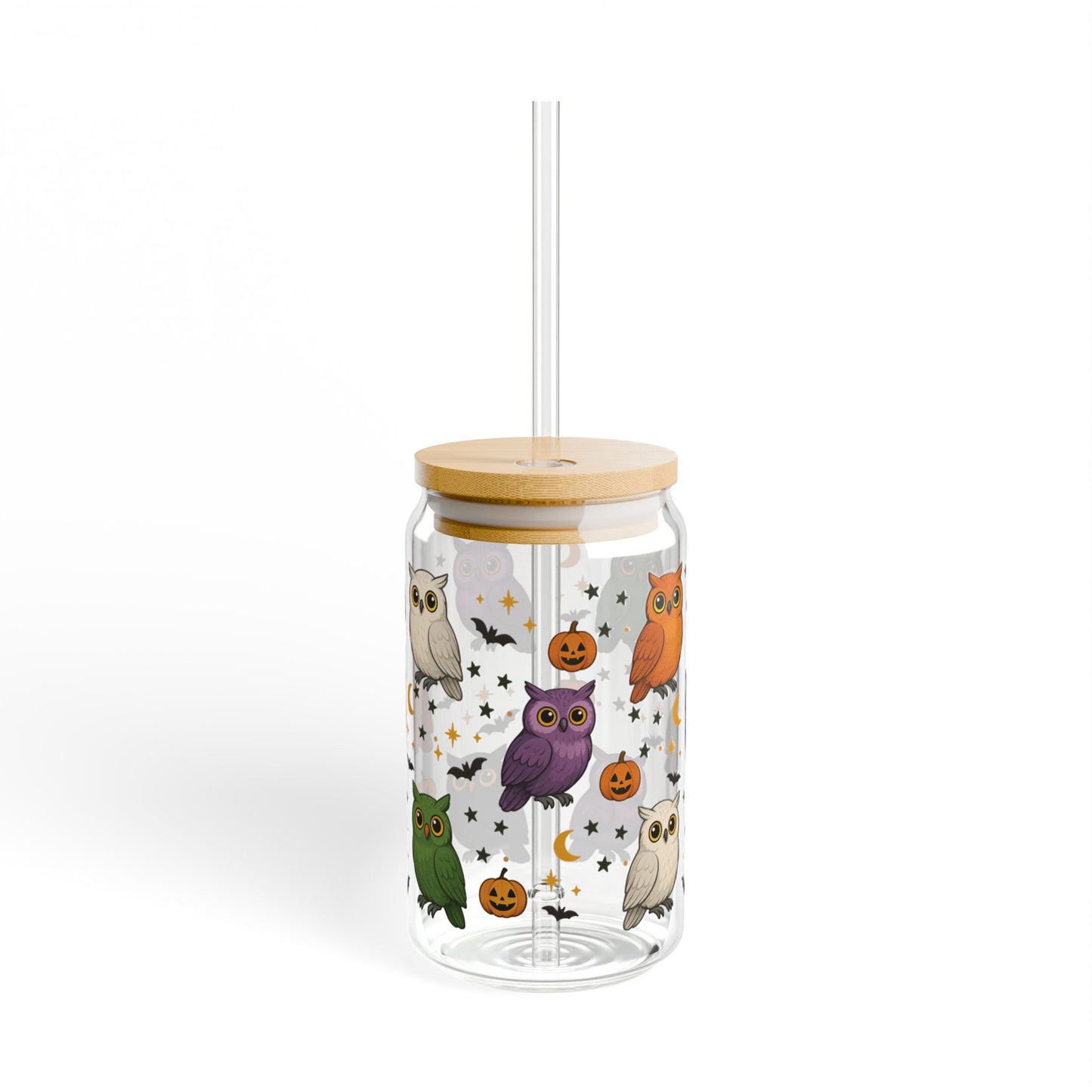 Halloween Owl Sipper Glass, 16oz | Cute Owl Drinkware | Fall Themed Mug | Spooky Decor