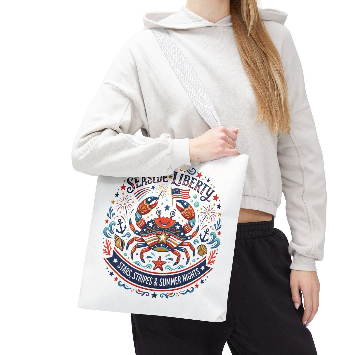 Seaside Liberty Tote Bag — 4th of July, Patriotic Bag "Stars, Stripes & Summer Nights"