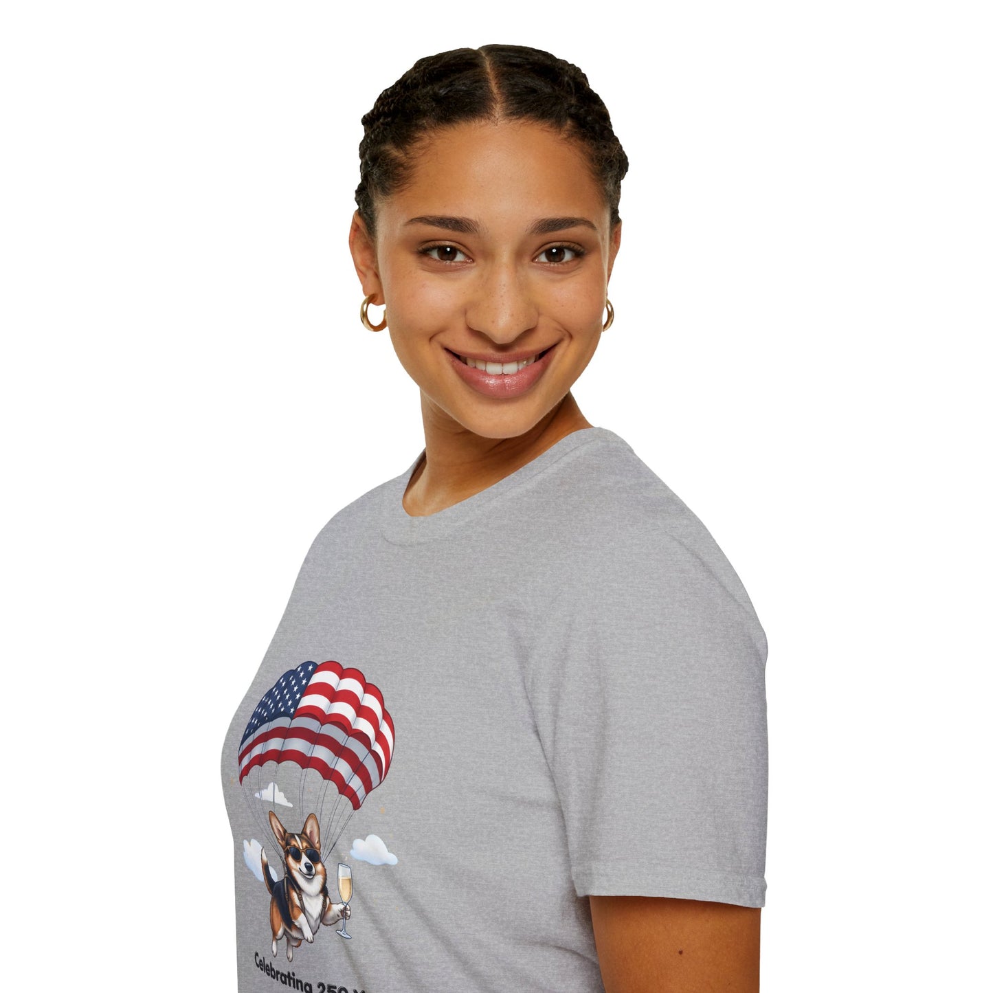 Corgi Parachute American Flag T-Shirt — "Celebrating 250 Years" Patriotic Tee