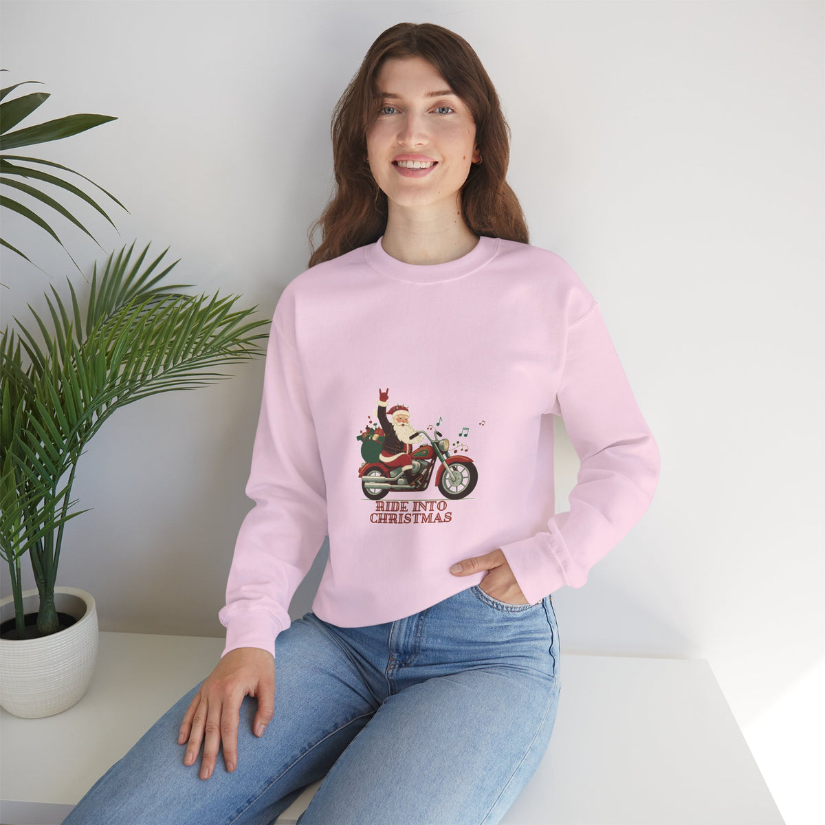 Christmas Motorcycle Sweatshirt - "Ride Into Christmas" Santa Biker Holiday Crewneck