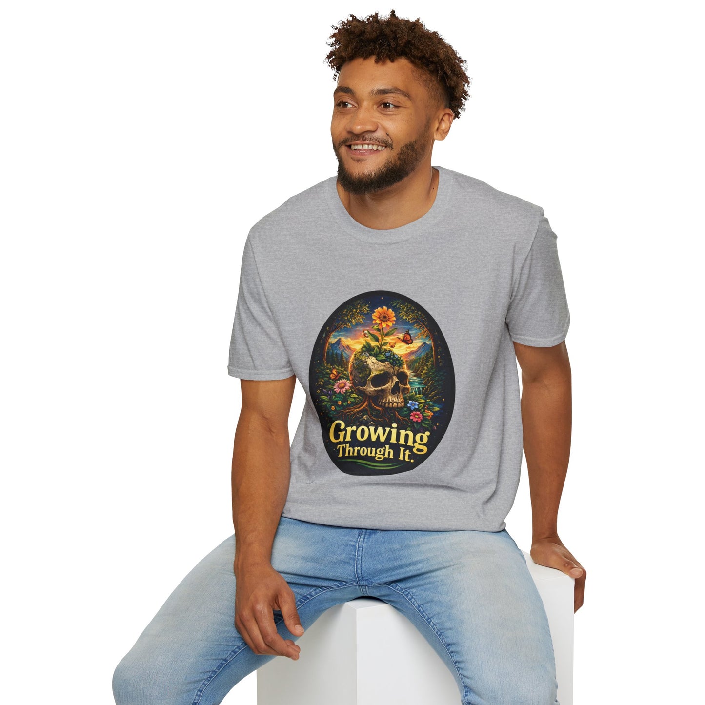 Growing Through It T-Shirt – Earth Day Nature Skull Graphic Tee | Mental Growth & Healing Shirt | Botanical Aesthetic Unisex Tee