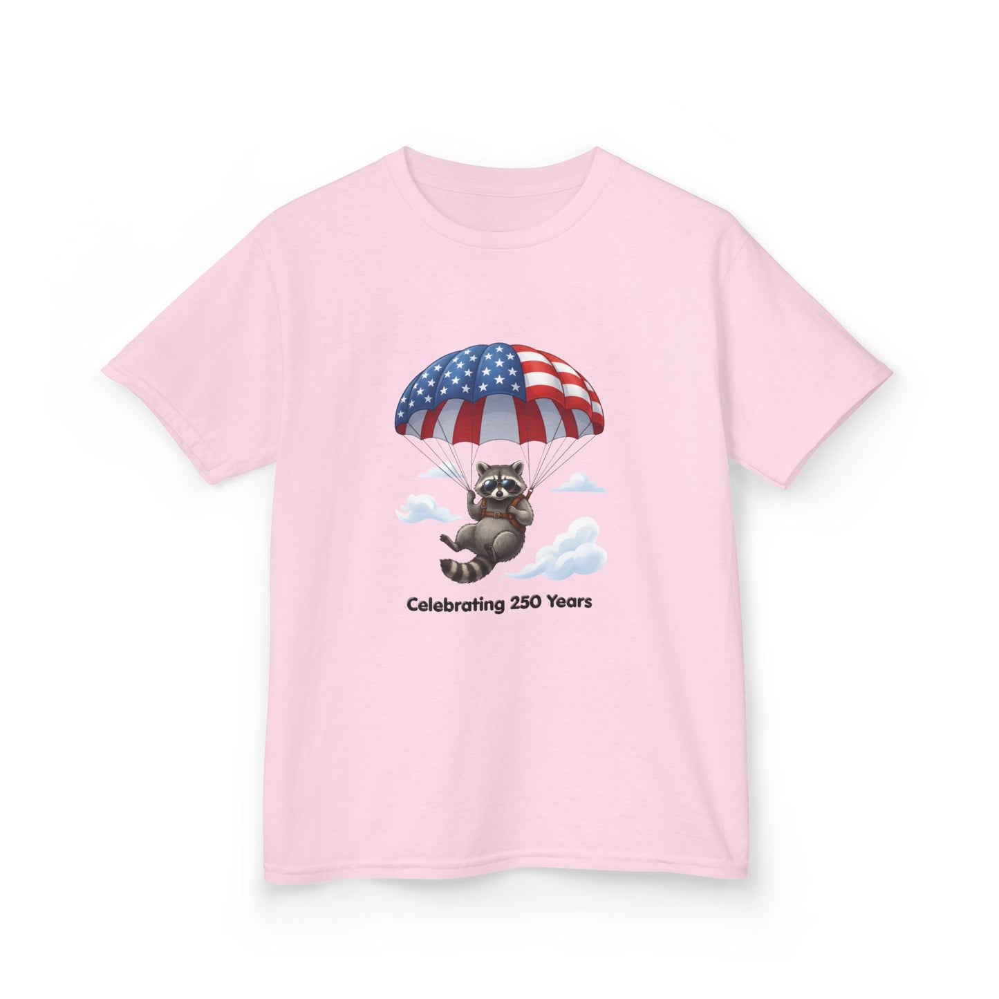 Kids T-Shirt — Patriotic Raccoon Parachute “Celebrating 250 Years”