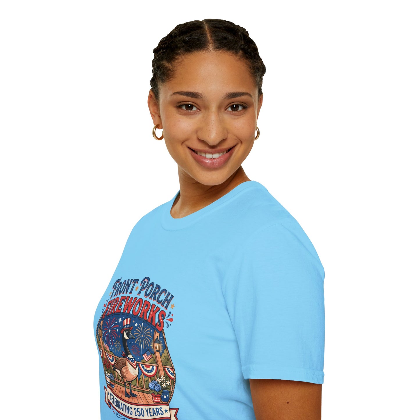 Front Porch Fireworks, Goose T-Shirt — Patriotic 4th of July Celebration Tee