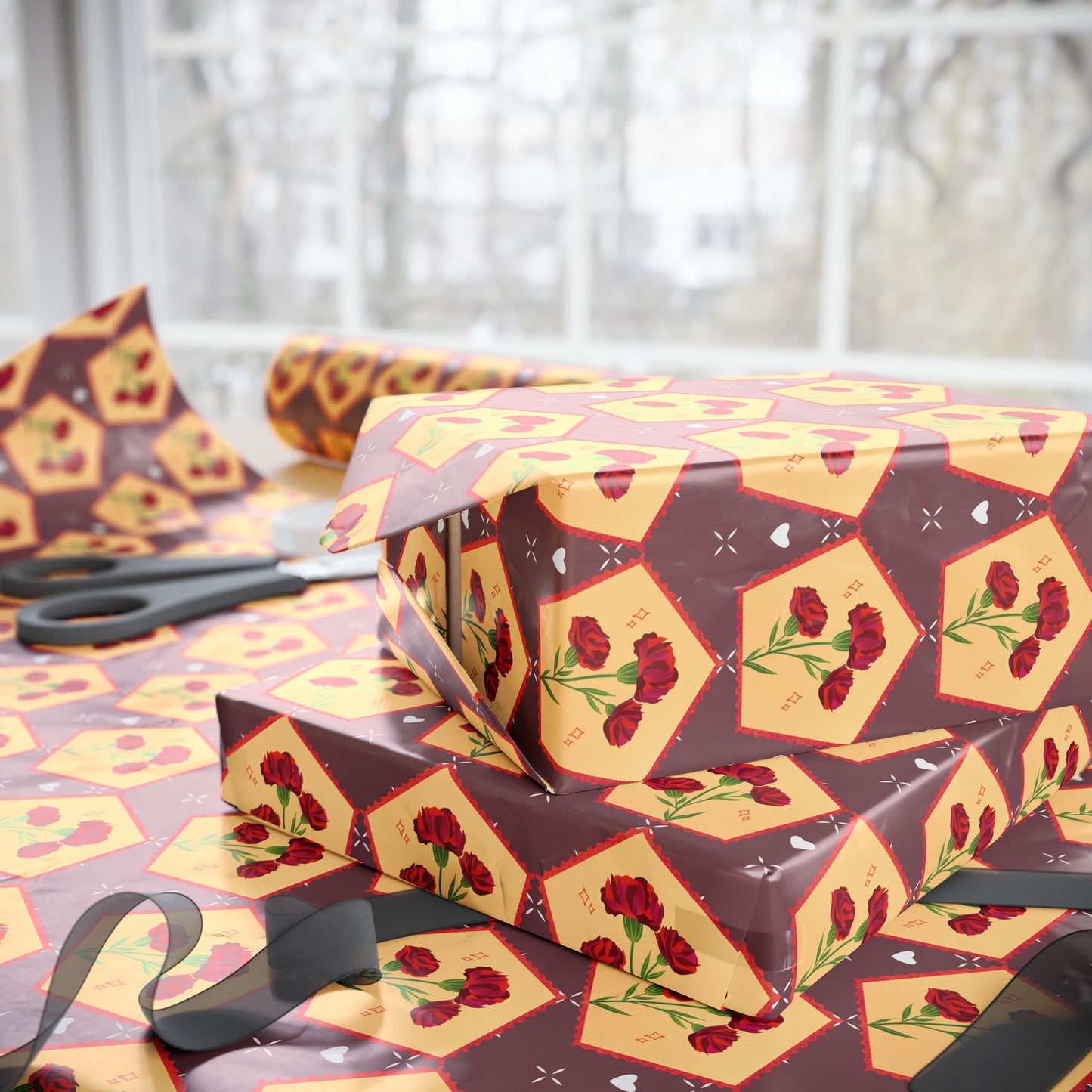 Floral Wrapping Paper Roll — Vintage Red Tulip Gift Wrap Paper for Valentine's Day, Birthdays