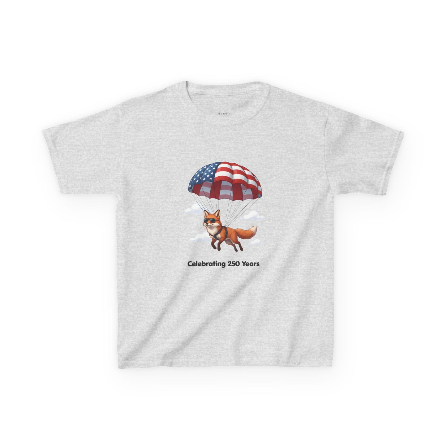 Kids Tee — Patriotic Fox with Parachute - “Celebrating 250 Years”