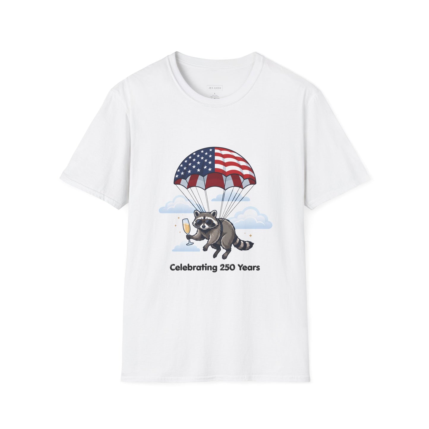 Patriotic Parachuting Raccoon T-Shirt — "Celebrating 250 Years"