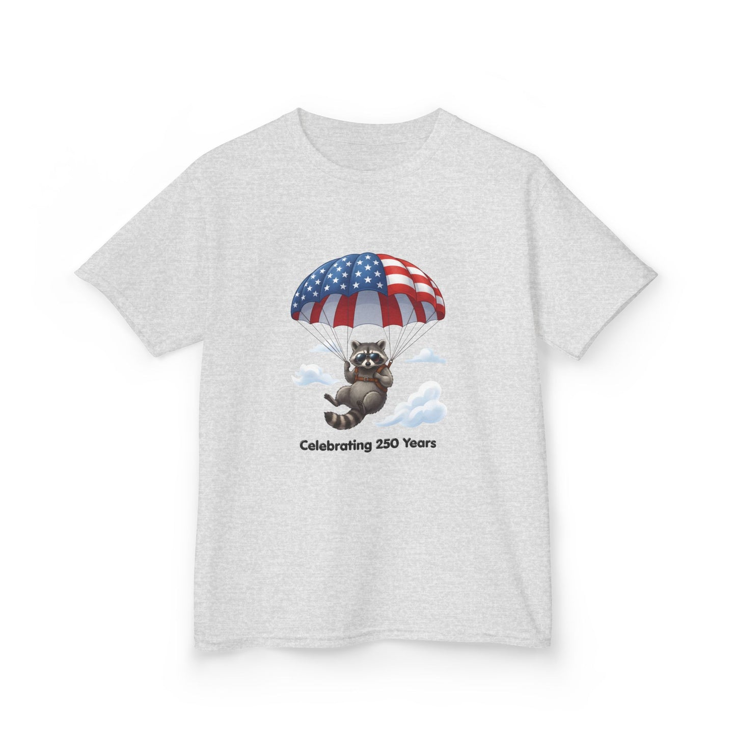 Kids T-Shirt — Patriotic Raccoon Parachute “Celebrating 250 Years”