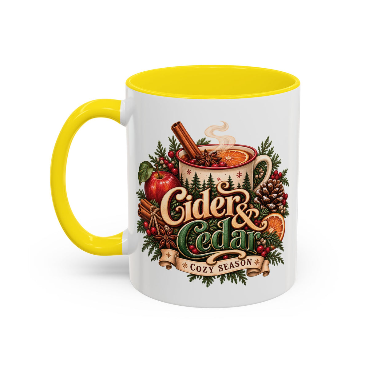 Cider & Cedar Accent Coffee Mug — Cozy Fall Hot Drink Gift (11 oz)