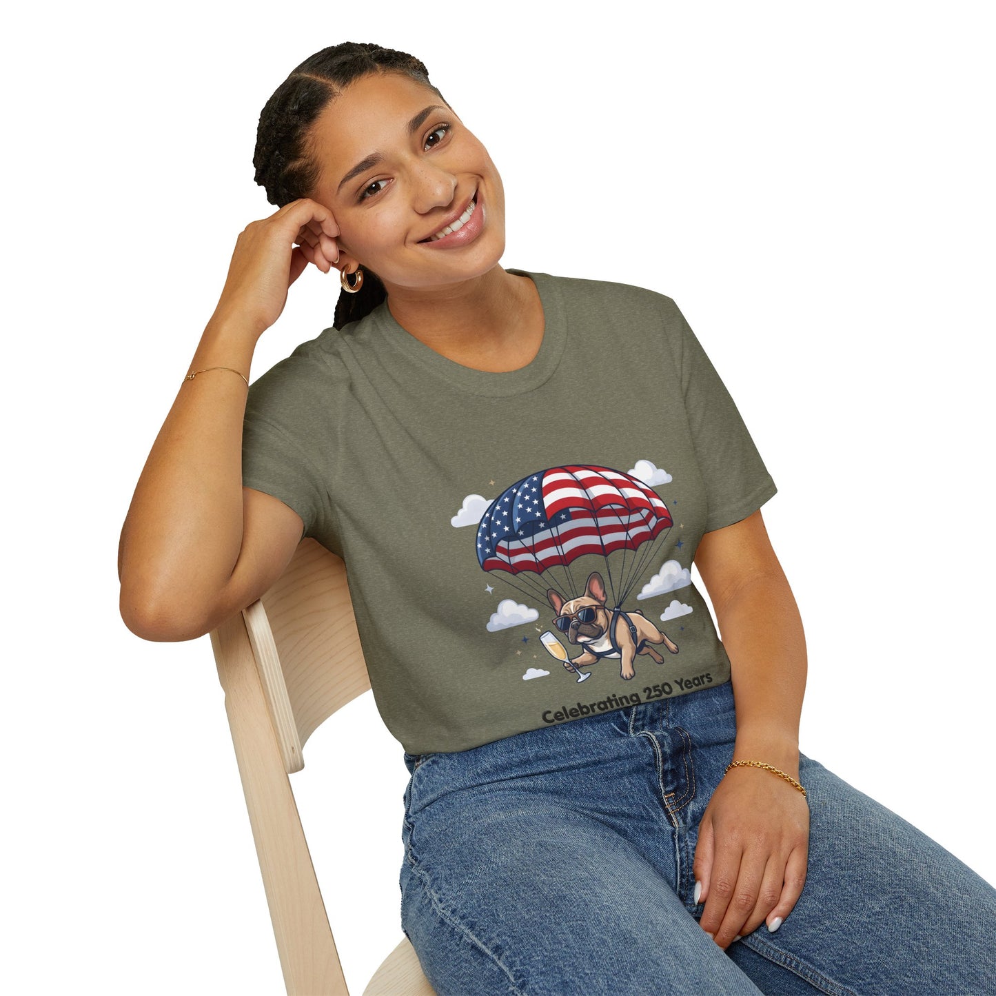 Patriotic French Bulldog T-Shirt — "Celebrating 250 Years" Parachute Design