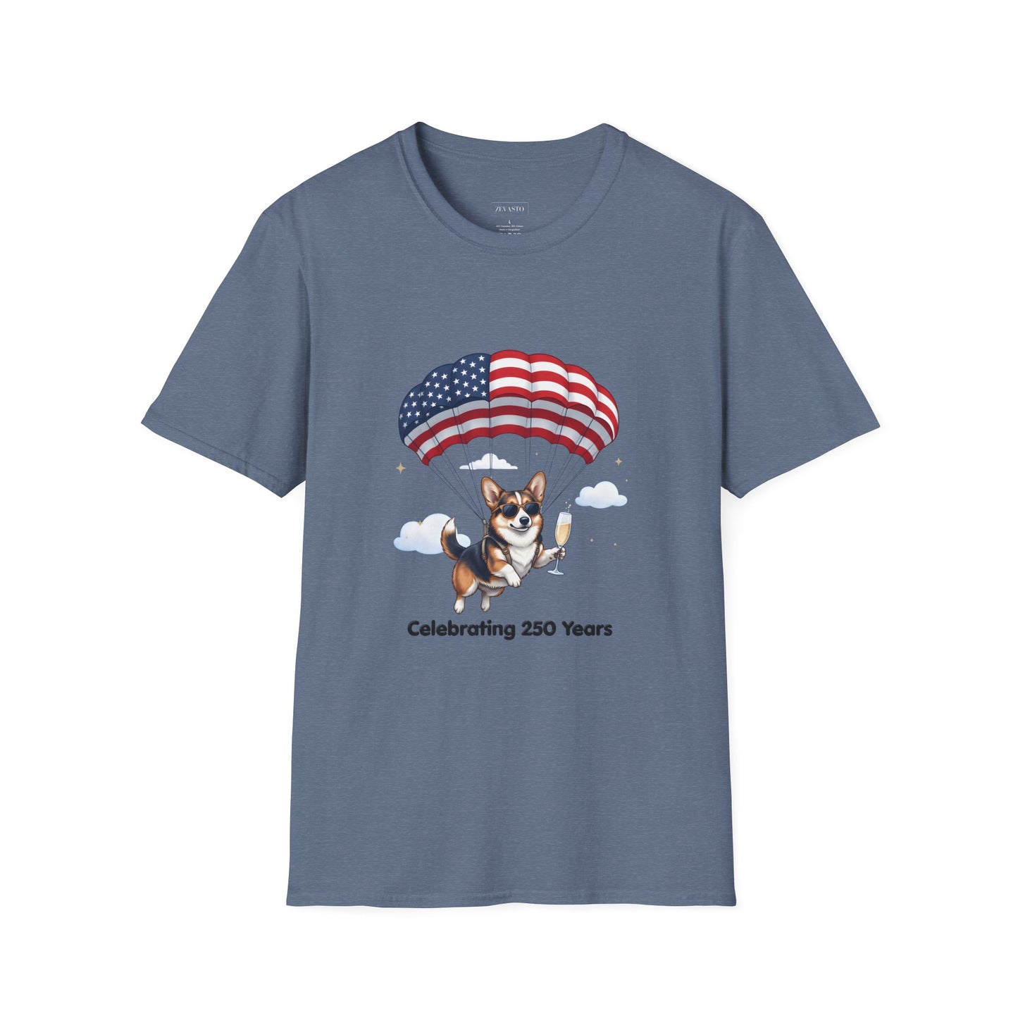 Corgi Parachute American Flag T-Shirt — "Celebrating 250 Years" Patriotic Tee