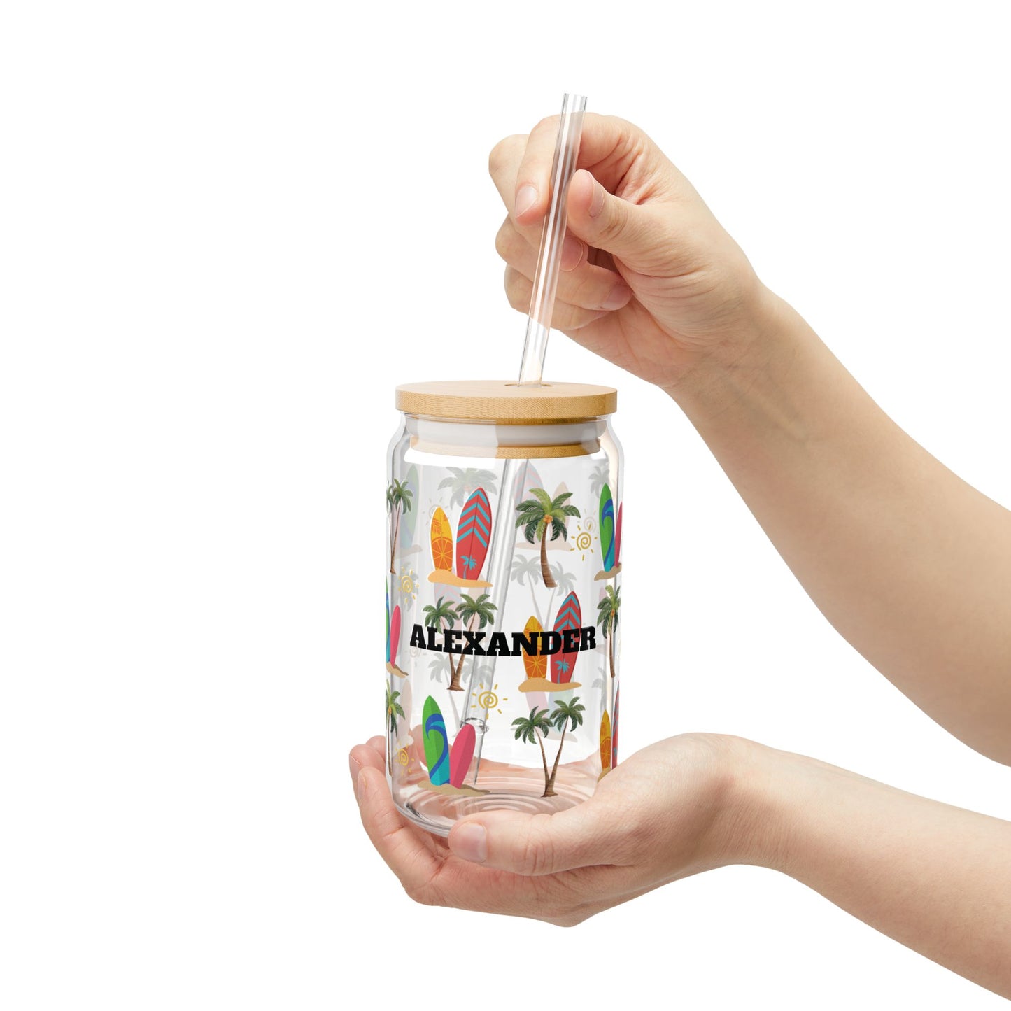 Personalized Surfboard Palm Sipper Glass – 16oz Tropical Beach Tumbler with Straw