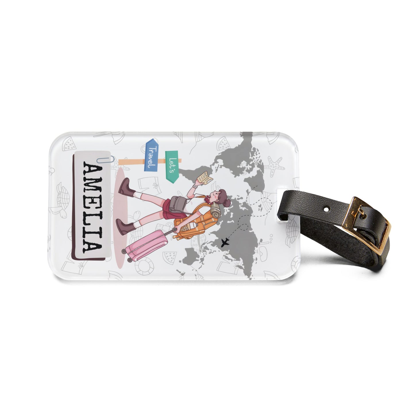Personalized Travel Luggage Tag — Cute Female Traveler with World Map Design, Custom Name ID Tag