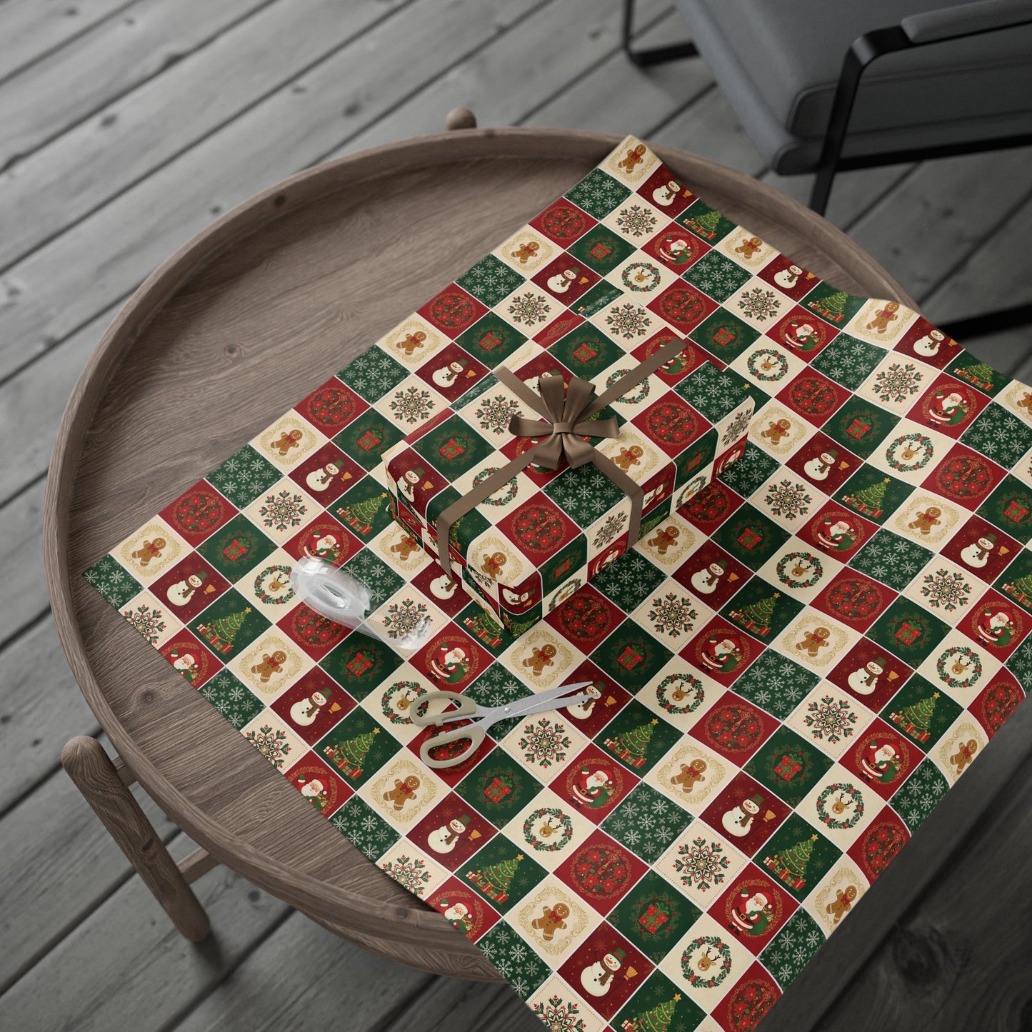 Christmas Patchwork Wrapping Paper Roll — Holiday Gift Wrap with Gingerbread, Snowman & Reindeer