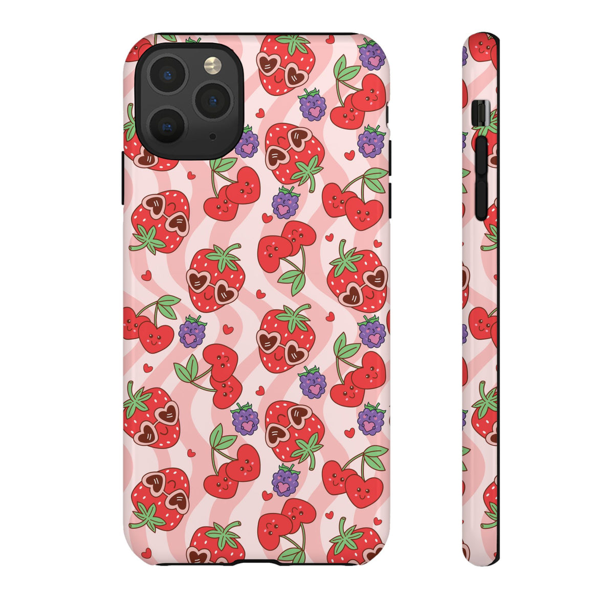 Cute Kawaii Strawberry & Cherry Phone Case — Pink Fruit Pattern Protective Case