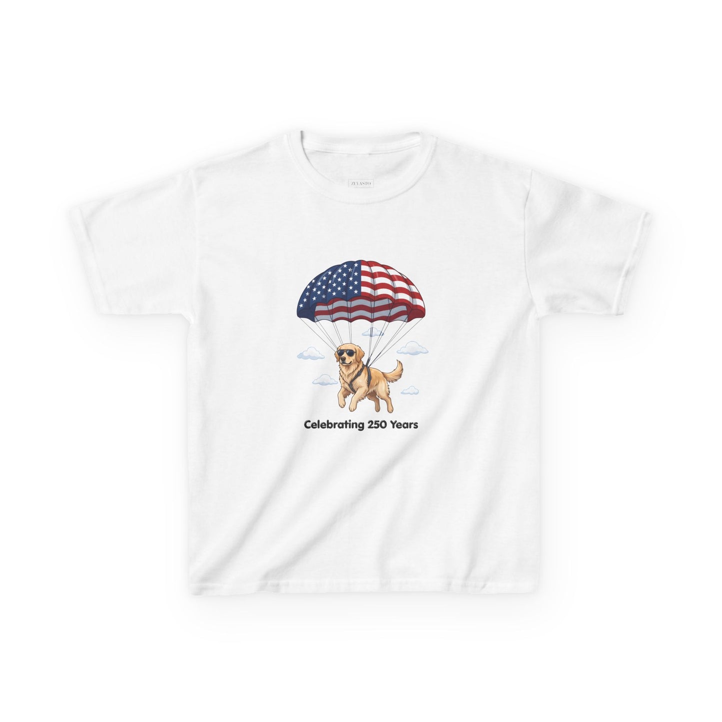 Kids Tee — Dog with Parachute, "Celebrating 250 Years" (Patriotic Fourth of July)