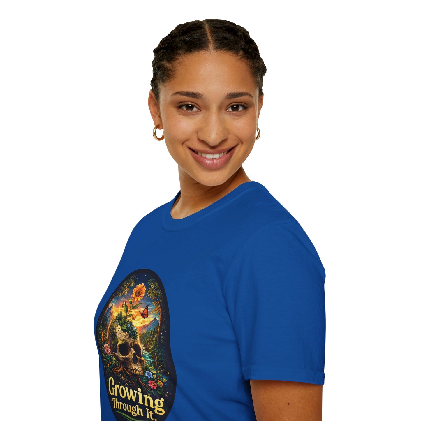 Growing Through It T-Shirt – Earth Day Nature Skull Graphic Tee | Mental Growth & Healing Shirt | Botanical Aesthetic Unisex Tee