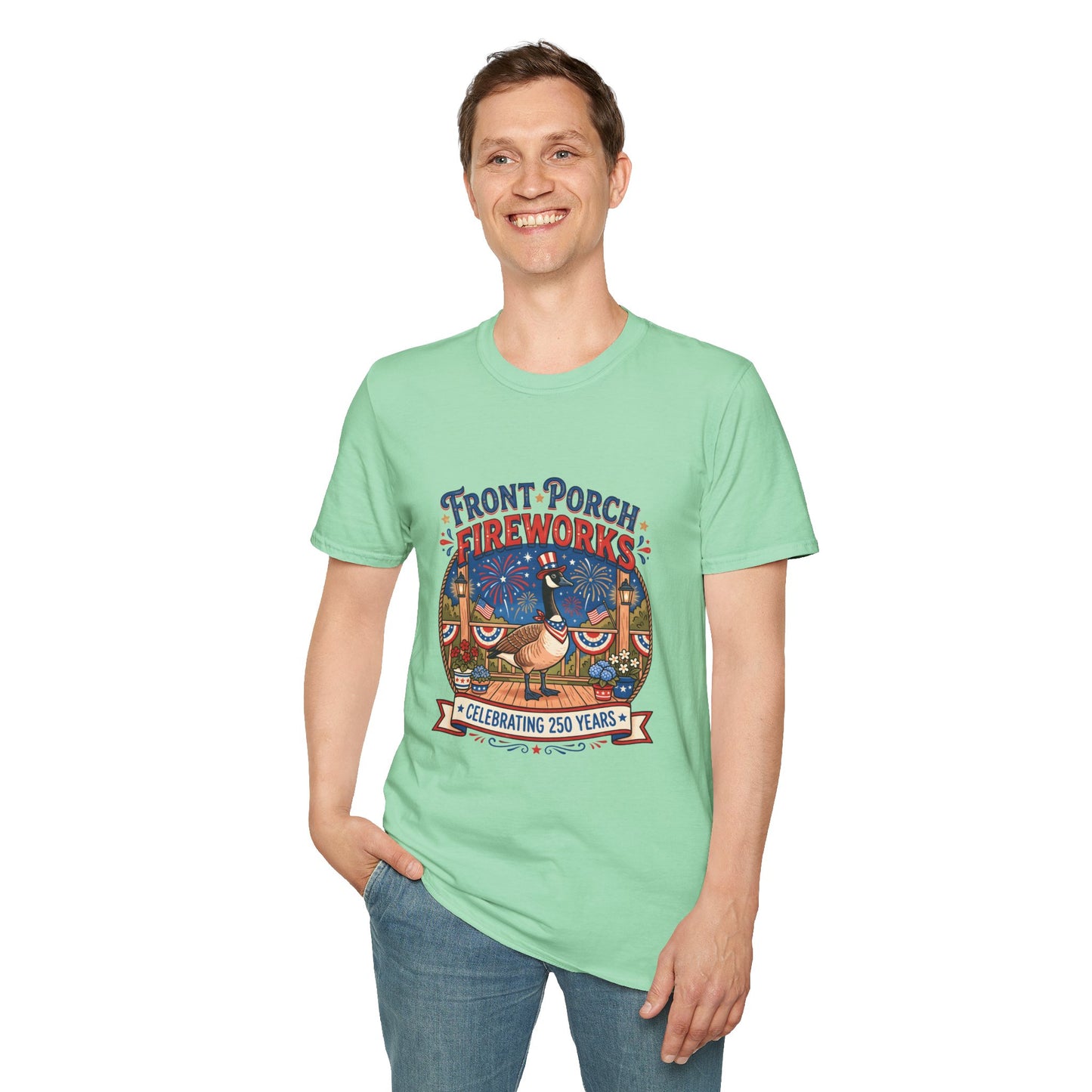 Front Porch Fireworks, Goose T-Shirt — Patriotic 4th of July Celebration Tee