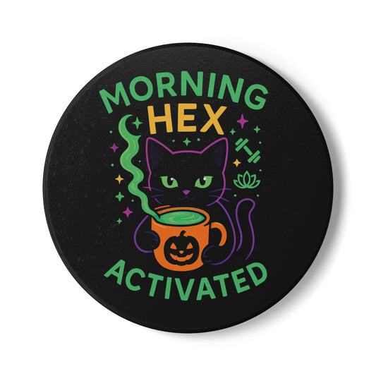 Whimsical Cat Ceramic Coaster, Morning Hex Activated, Halloween Decor