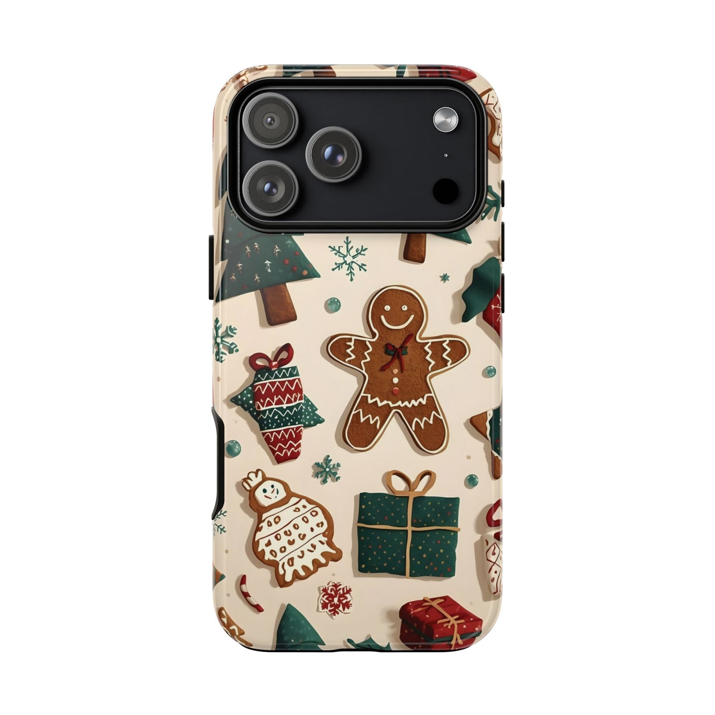 Christmas Phone Case with Gingerbread and Christmas Tree Design, Dual Layer Case for Iphone 17, 16, 15, 14, 13, 12, 11 & Samsung