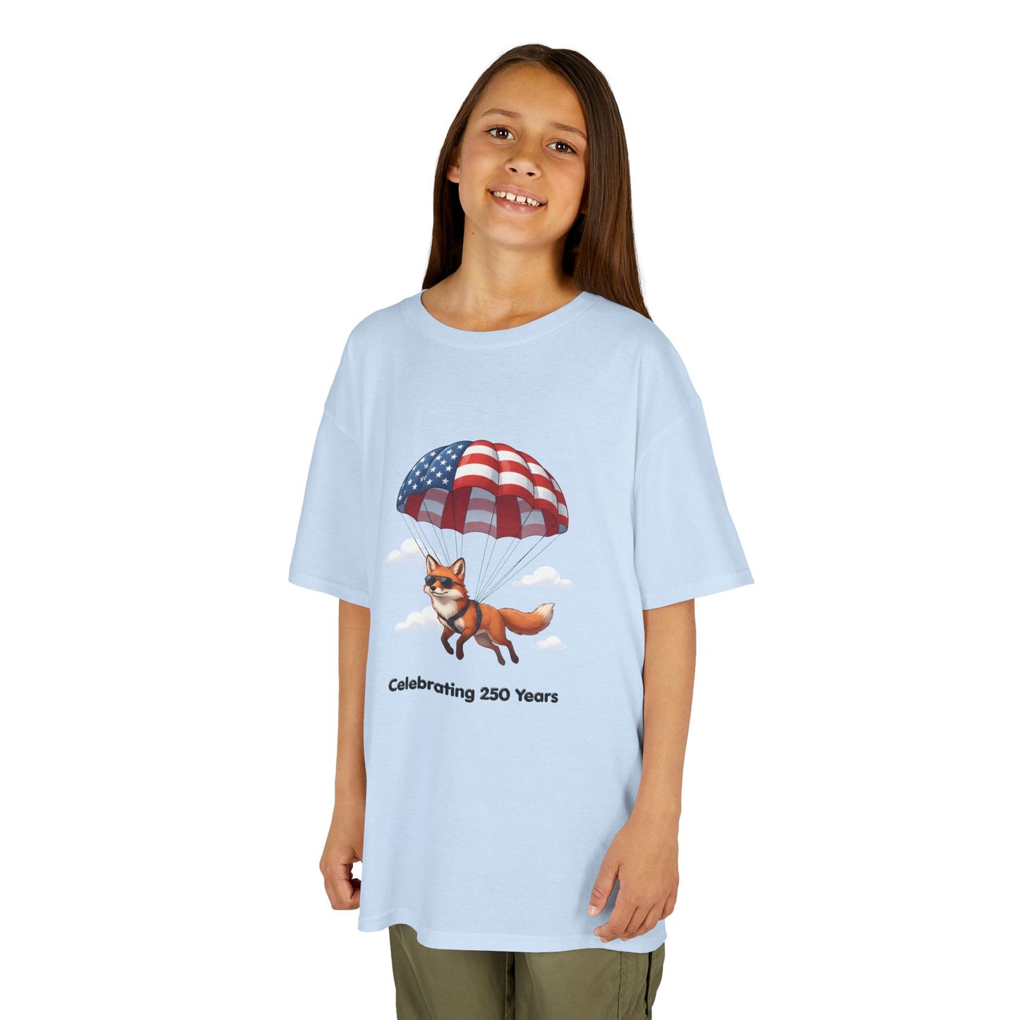 Kids Tee — Patriotic Fox with Parachute - “Celebrating 250 Years”
