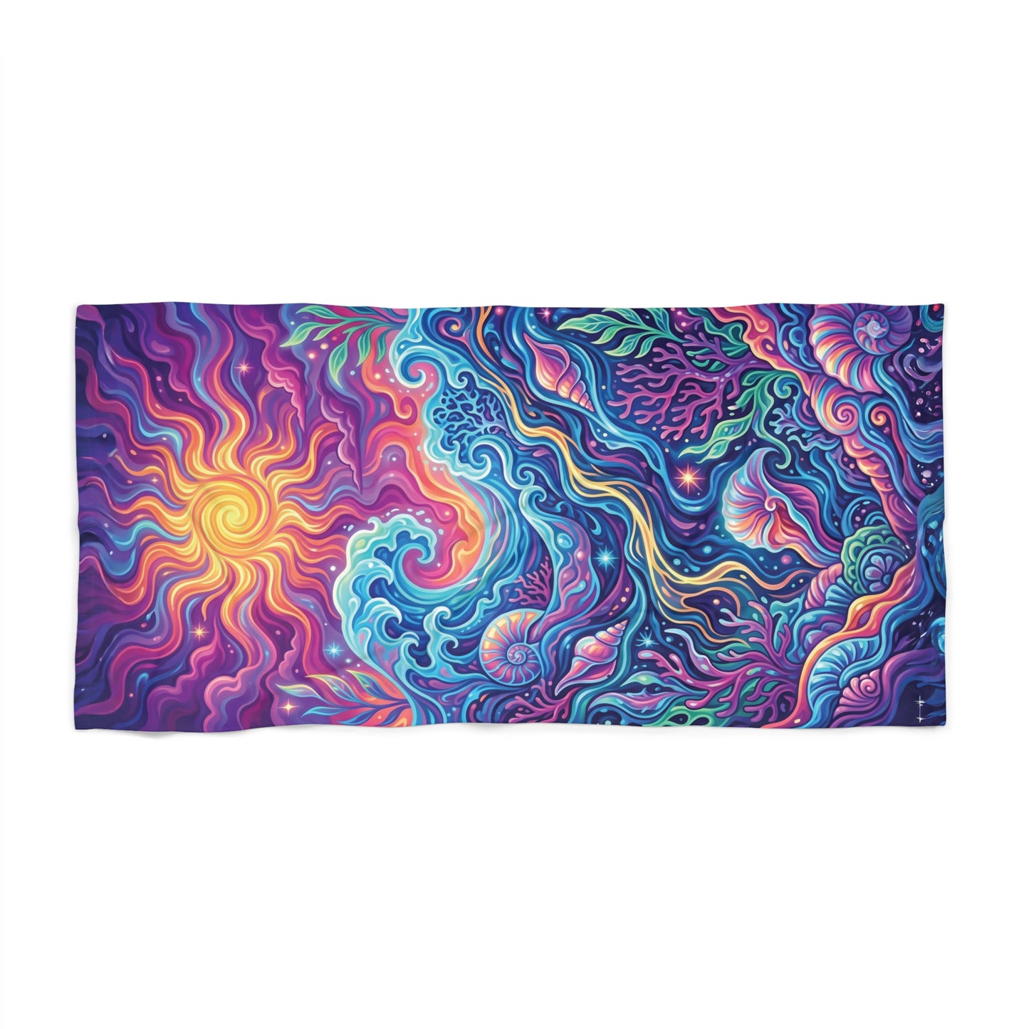 Psychedelic Sun & Sea Beach Towel — Vibrant Ocean Wave Sunset Print