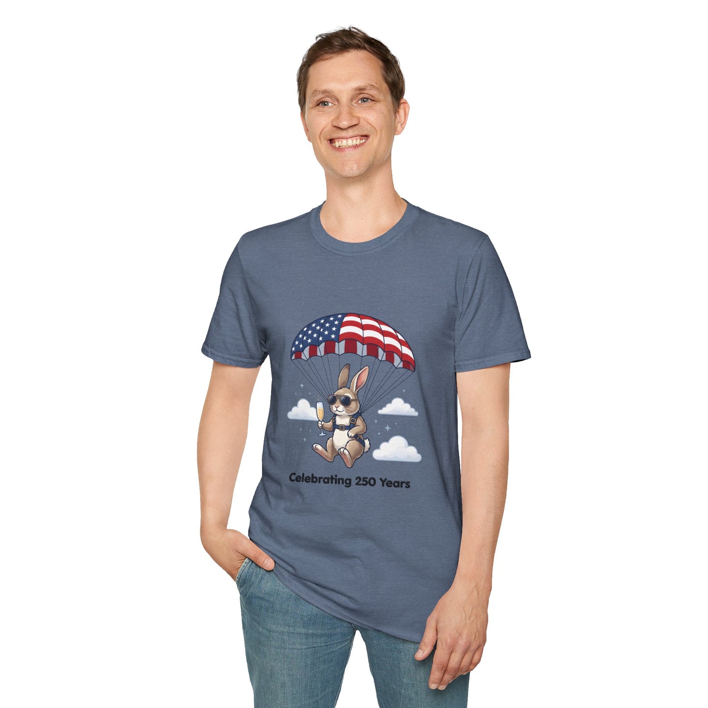 Patriotic Parachuting Bunny T-Shirt — "Celebrating 250 Years"