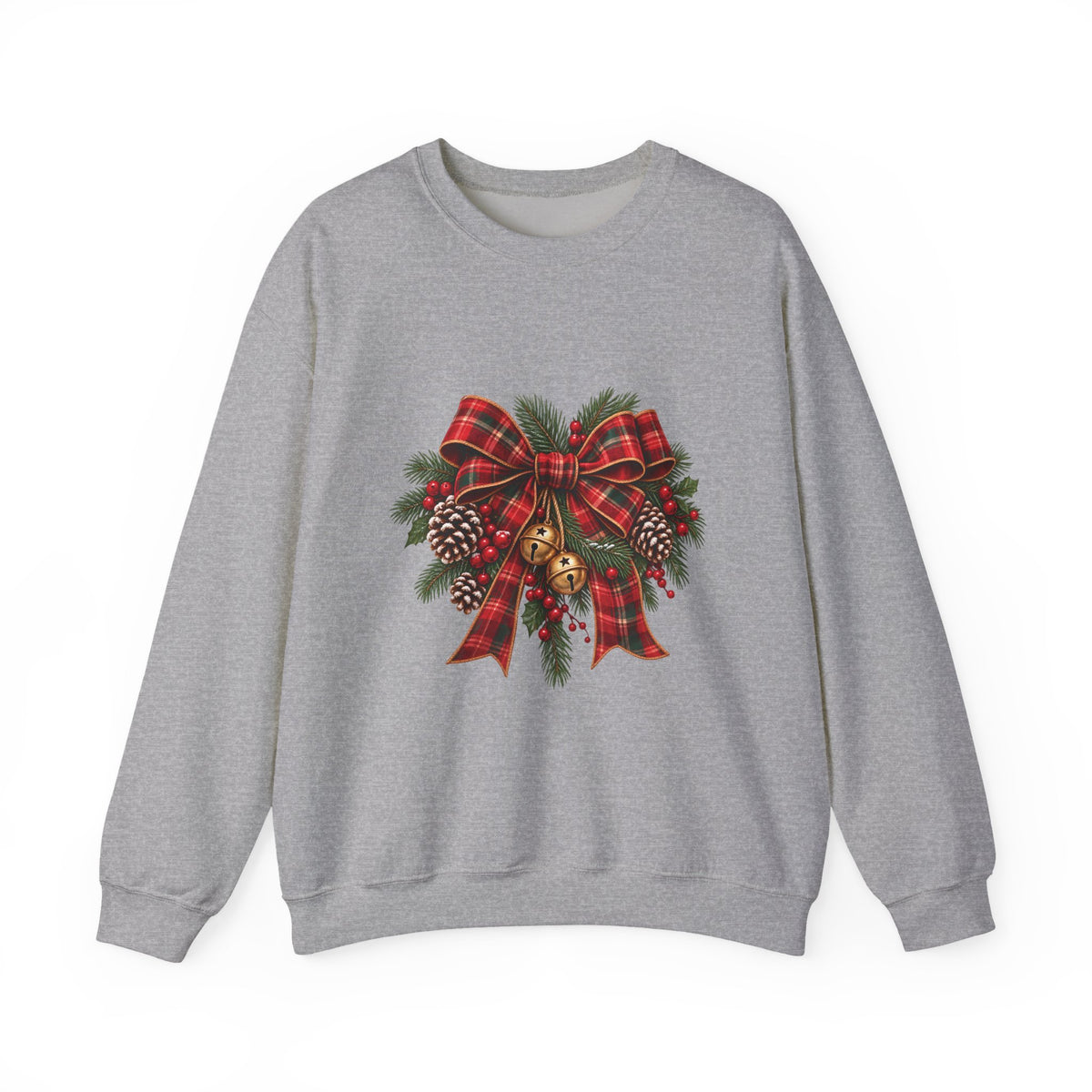 Christmas Plaid Bow Sweatshirt - Holiday Pinecone & Jingle Bells Crewneck
