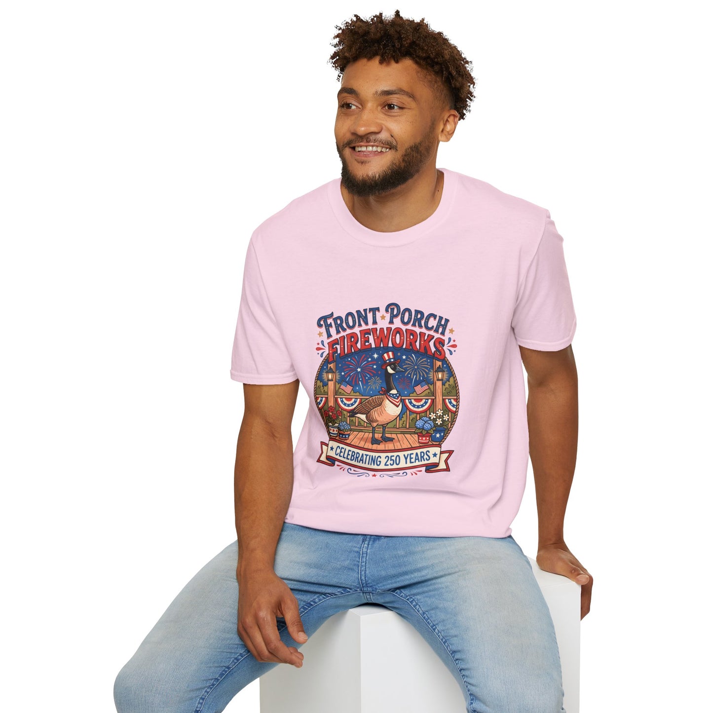 Front Porch Fireworks, Goose T-Shirt — Patriotic 4th of July Celebration Tee