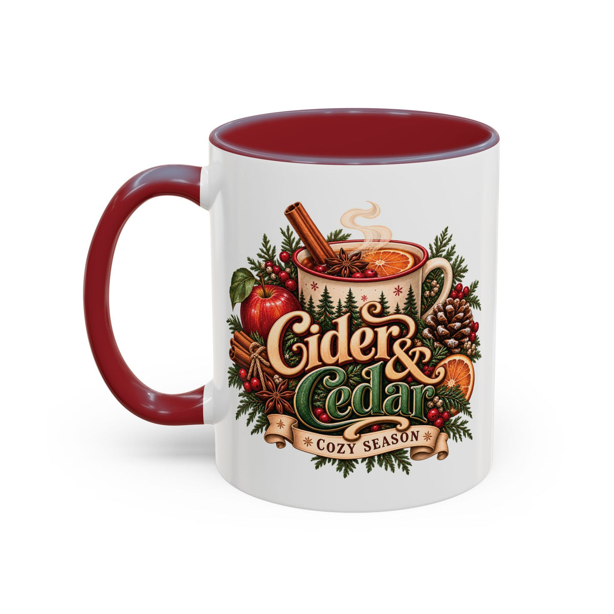 Cider & Cedar Accent Coffee Mug — Cozy Fall Hot Drink Gift (11 oz)