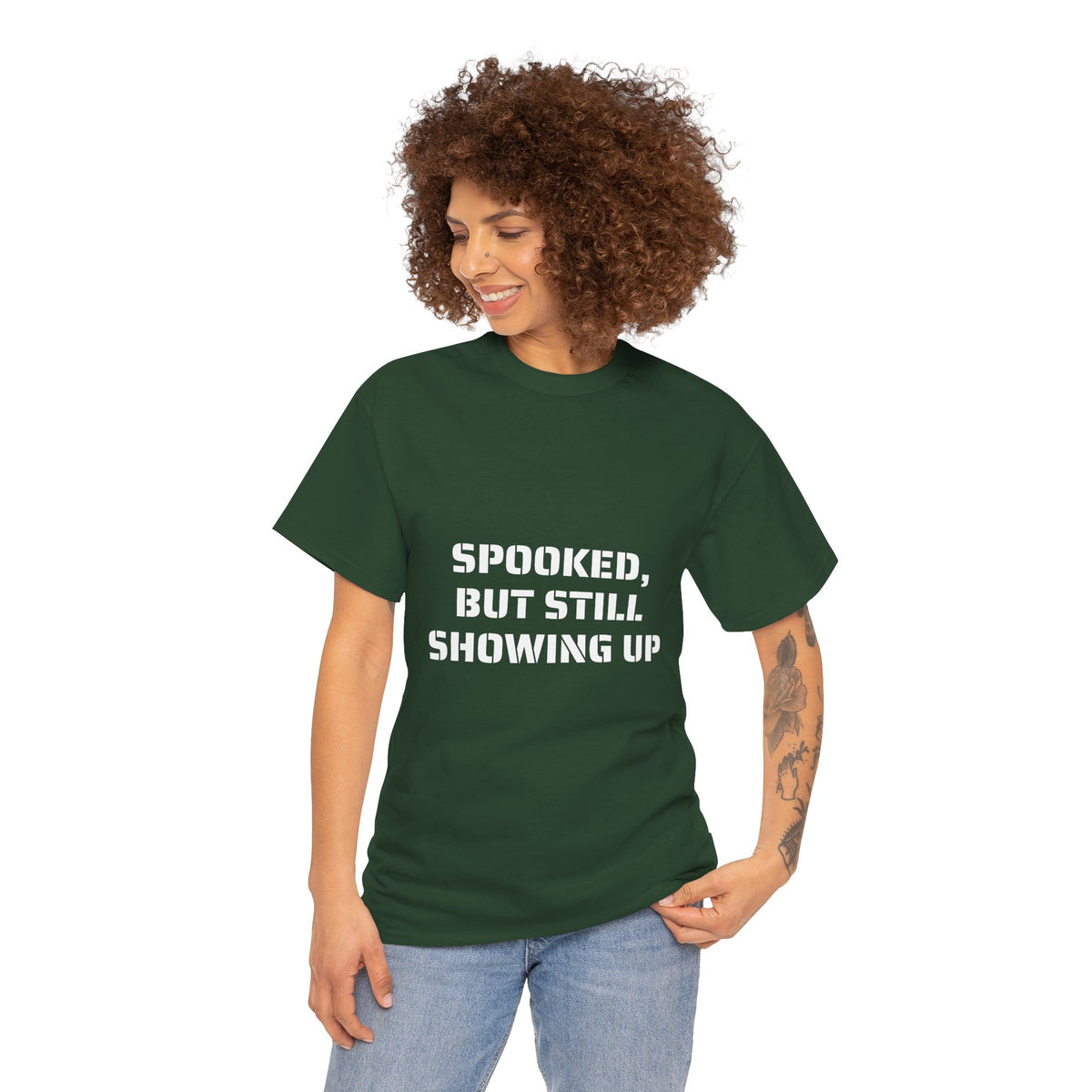 Spooked, But Still Showing Up Unisex Heavy Cotton Tee | Halloween, Funny T-Shirt
