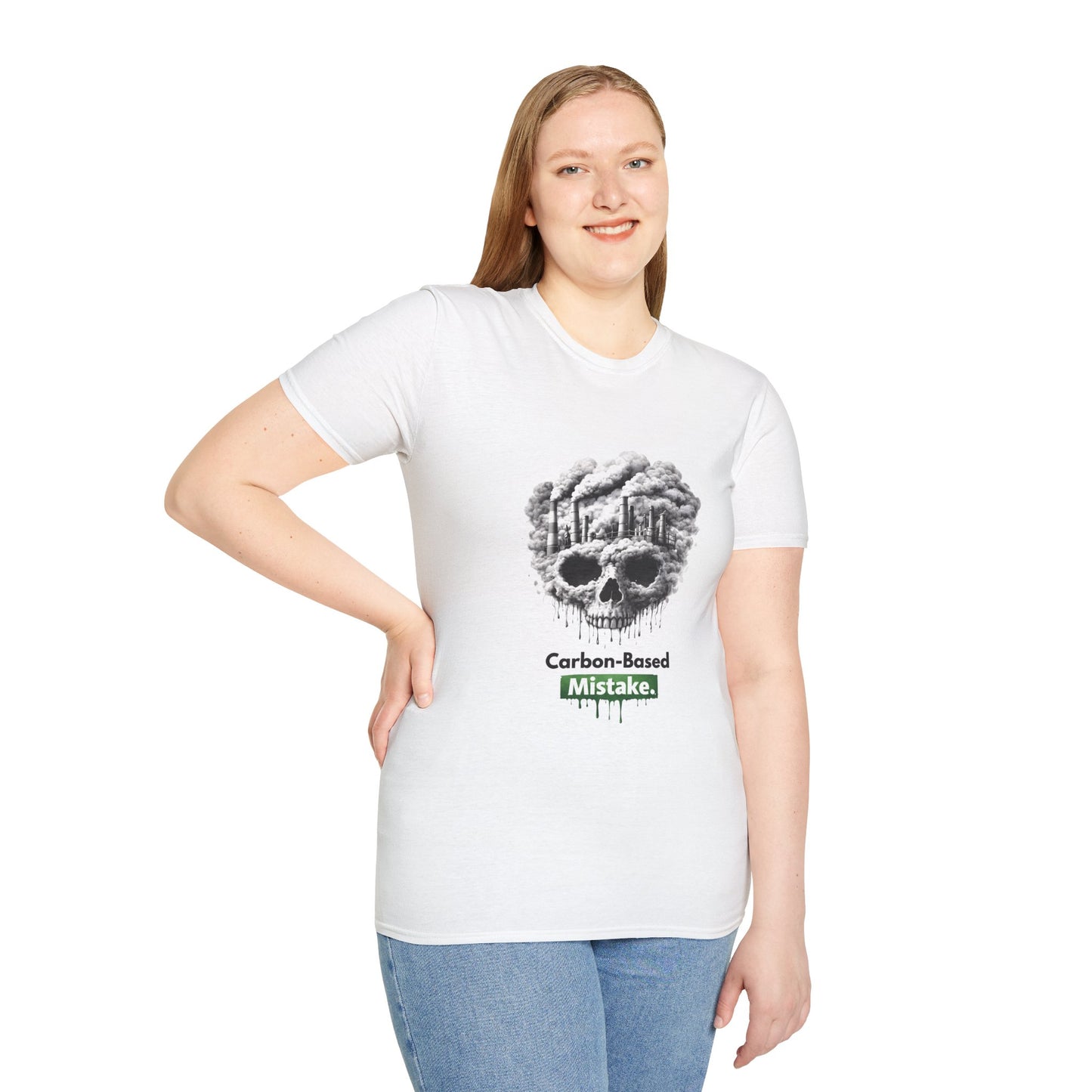 Carbon-Based Mistake Skull T-Shirt — Dark Humor Graphic Tee for Earth Day
