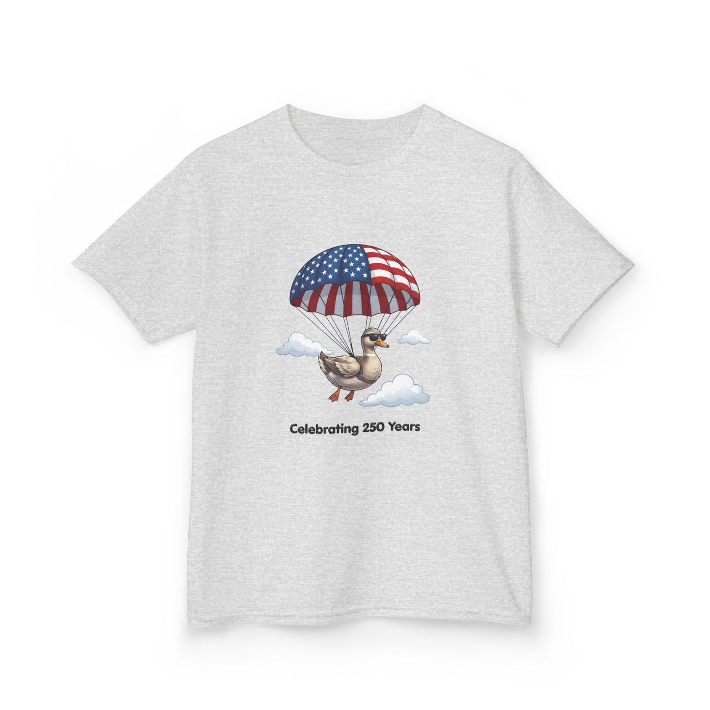 Kids Tee — Parachuting Duck, "Celebrating 250 Years"