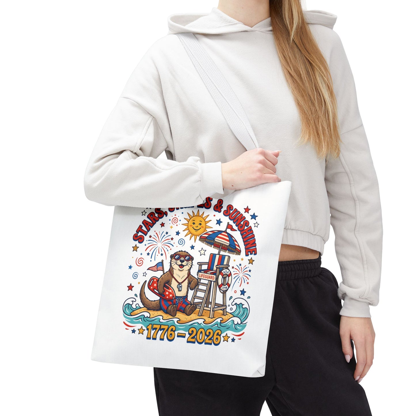 Stars, Stripes & Sunshine Tote Bag — 1776–2026 Patriotic Summer Beach Tote, 4th of July Tote