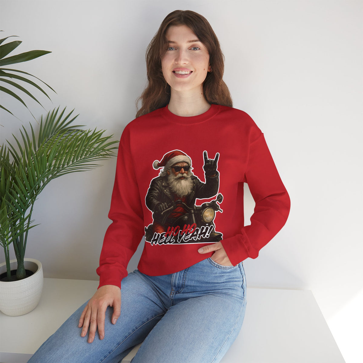 Santa Biker Crewneck Sweatshirt – 'Ho Ho Hell Yeah' Christmas Motorcycle Pullover