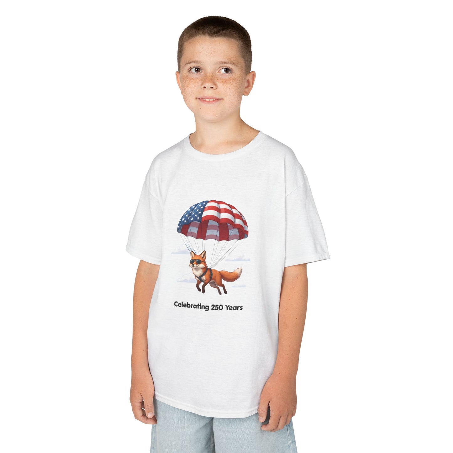 Kids Tee — Patriotic Fox with Parachute - “Celebrating 250 Years”