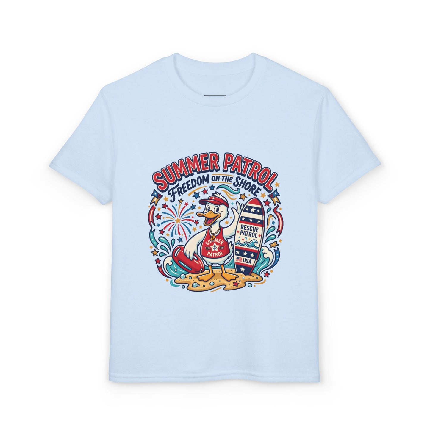 Summer Patrol Kids T‑Shirt — Lifeguard Duck Beach Graphic, 4th of July Tee