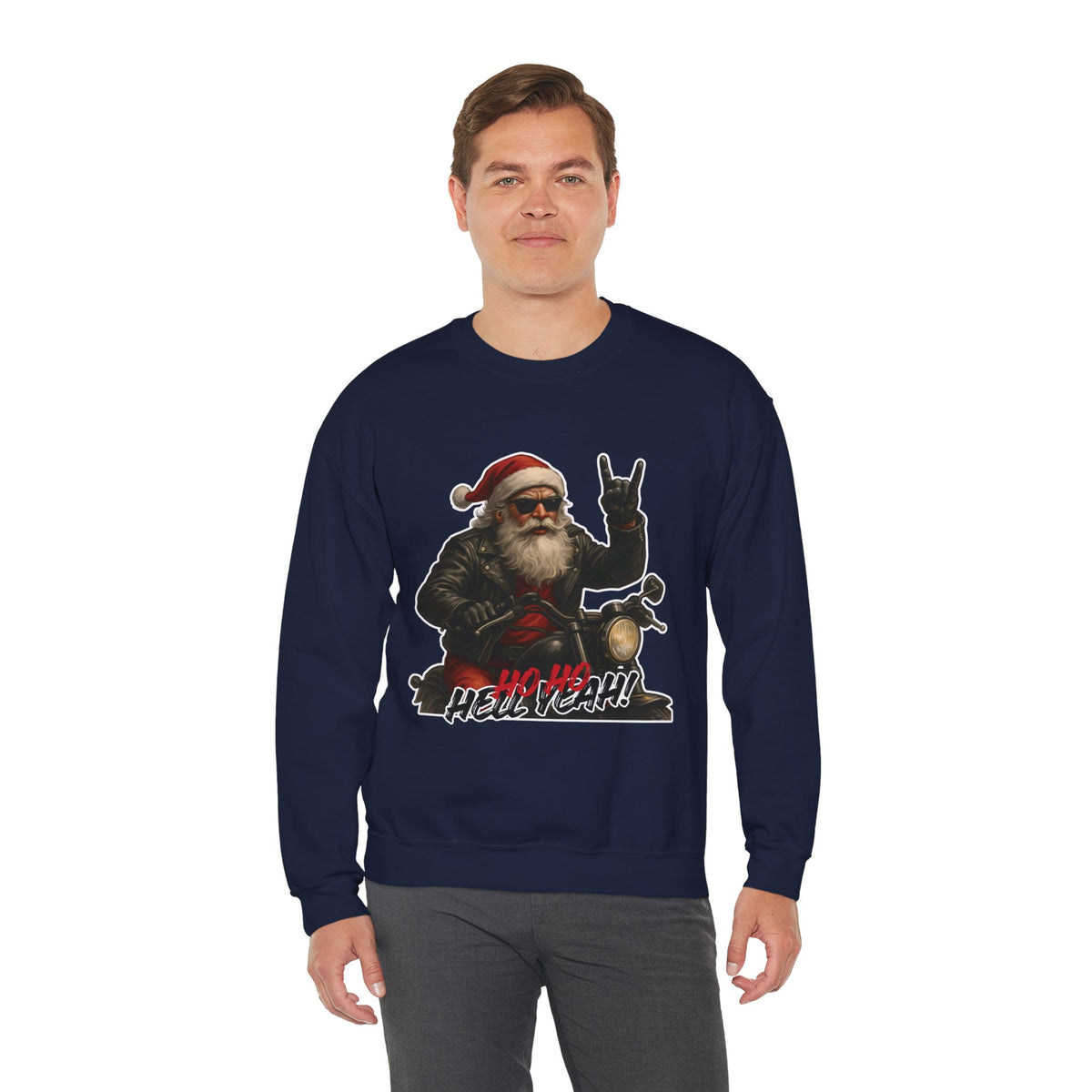 Santa Biker Crewneck Sweatshirt – 'Ho Ho Hell Yeah' Christmas Motorcycle Pullover