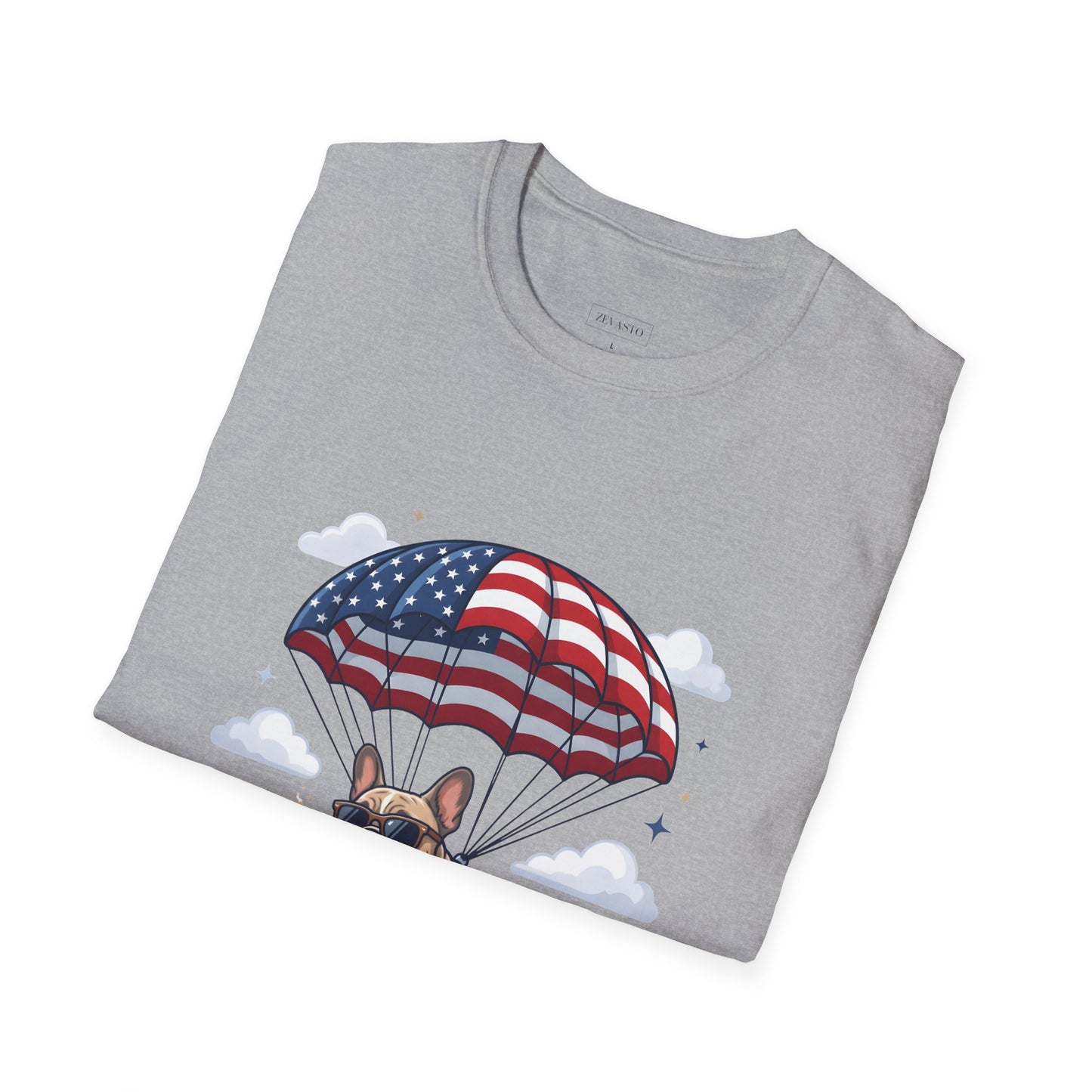 Patriotic French Bulldog T-Shirt — "Celebrating 250 Years" Parachute Design