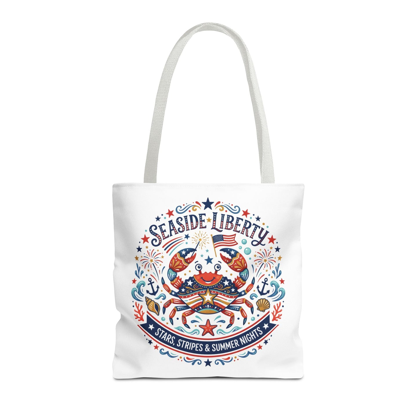 Seaside Liberty Tote Bag — 4th of July, Patriotic Bag "Stars, Stripes & Summer Nights"