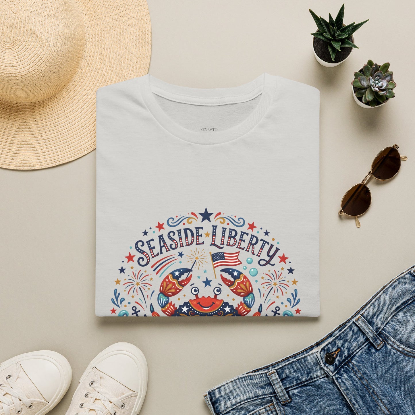 Seaside Liberty Crab T-Shirt — 4th of July Patriotic Summer Beach Tee