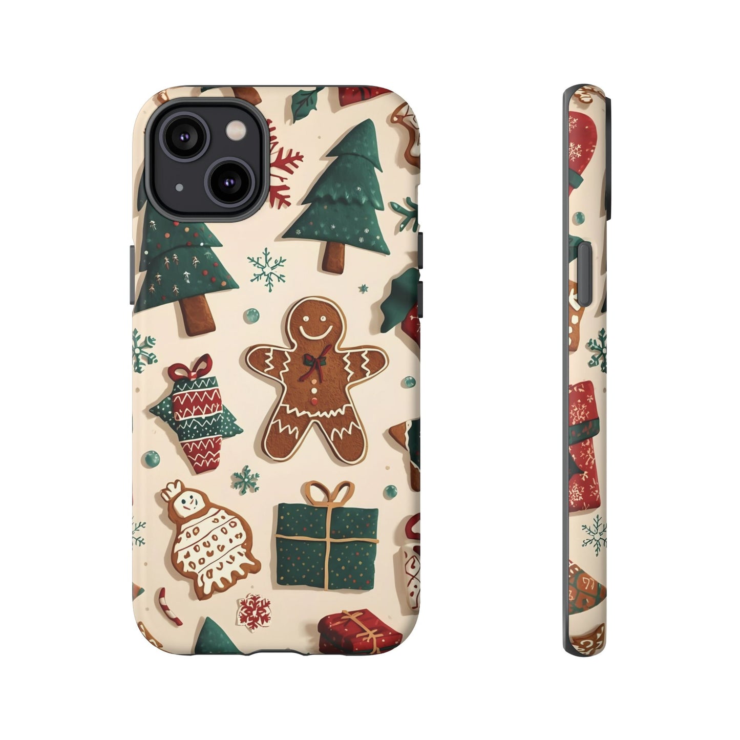Christmas Phone Case with Gingerbread and Christmas Tree Design, Dual Layer Case for Iphone 17, 16, 15, 14, 13, 12, 11 & Samsung