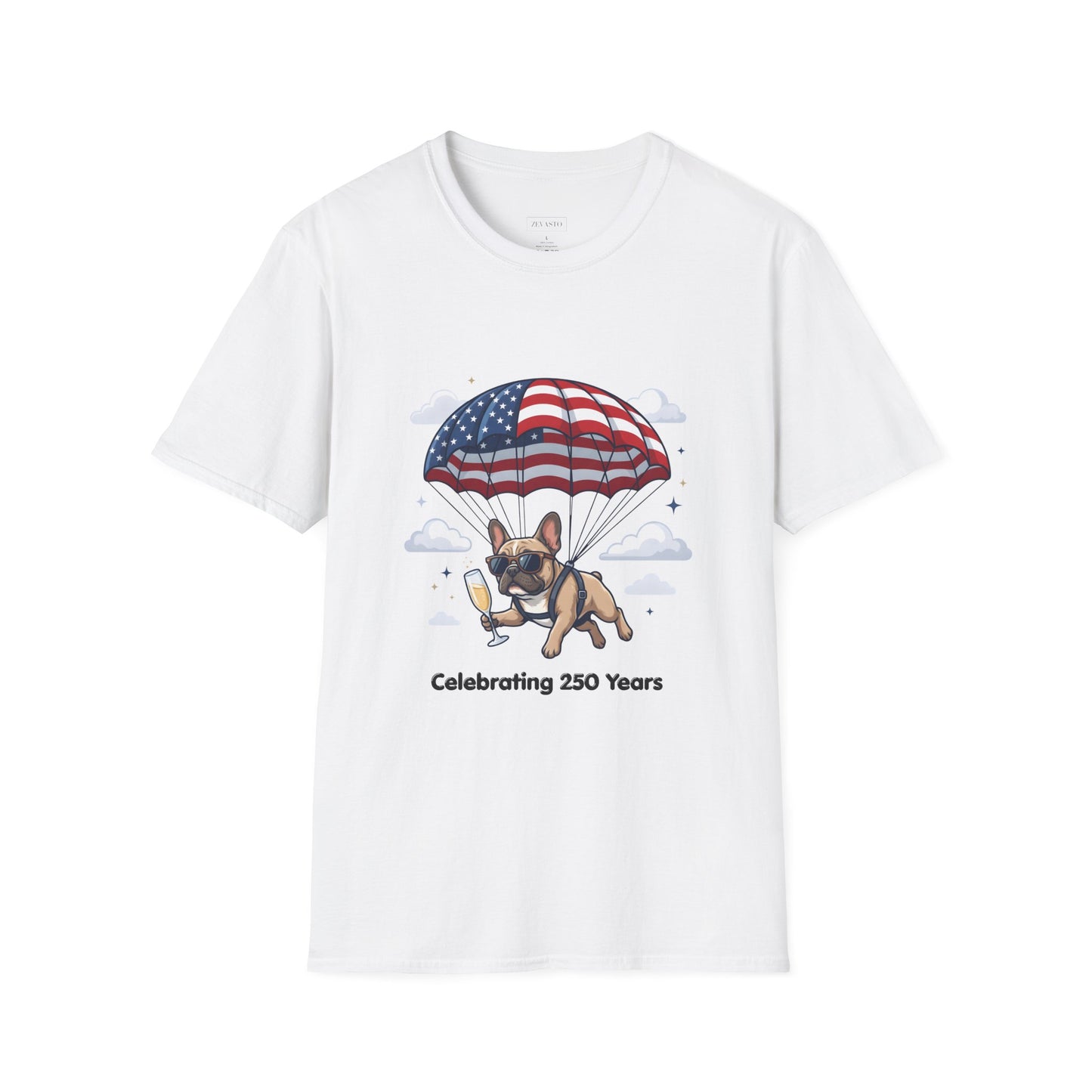 Patriotic French Bulldog T-Shirt — "Celebrating 250 Years" Parachute Design