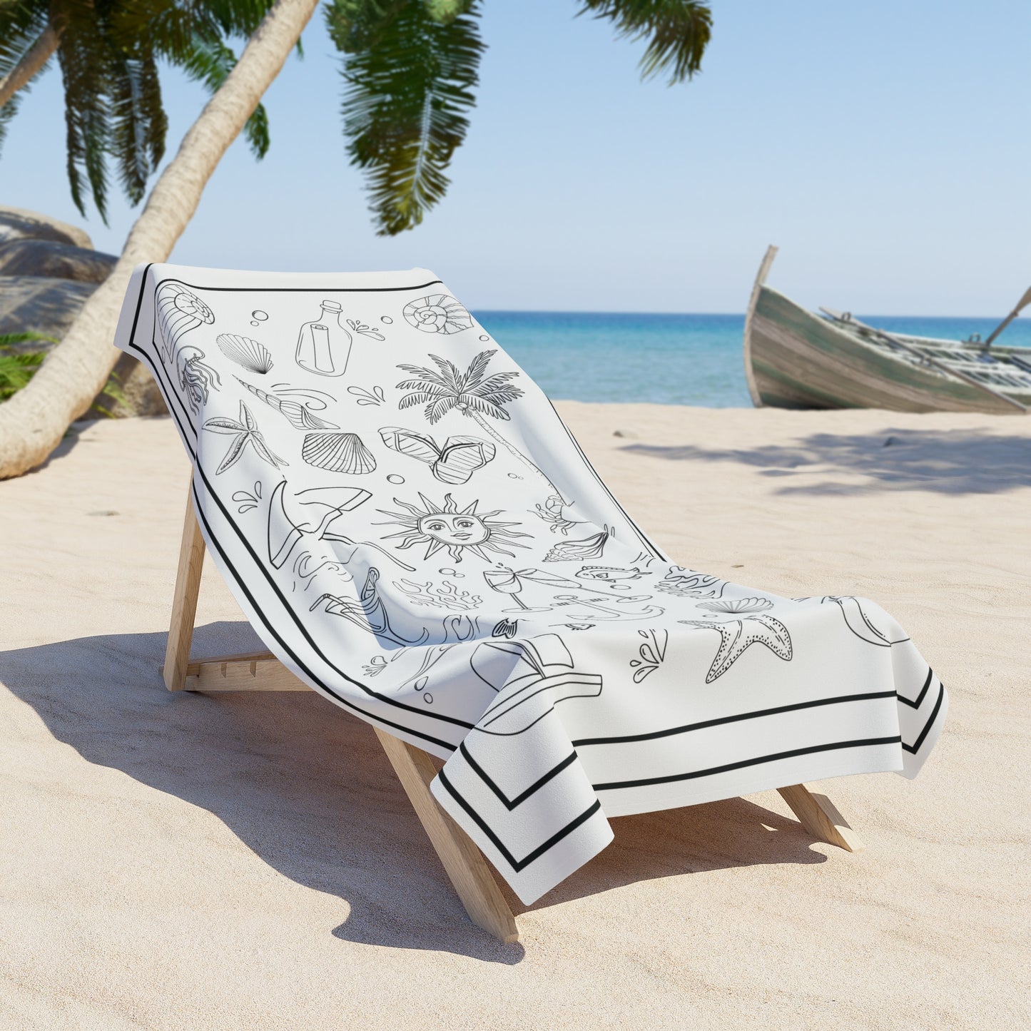 Tropical Vacation Beach Towel - Seashell & Palm Design