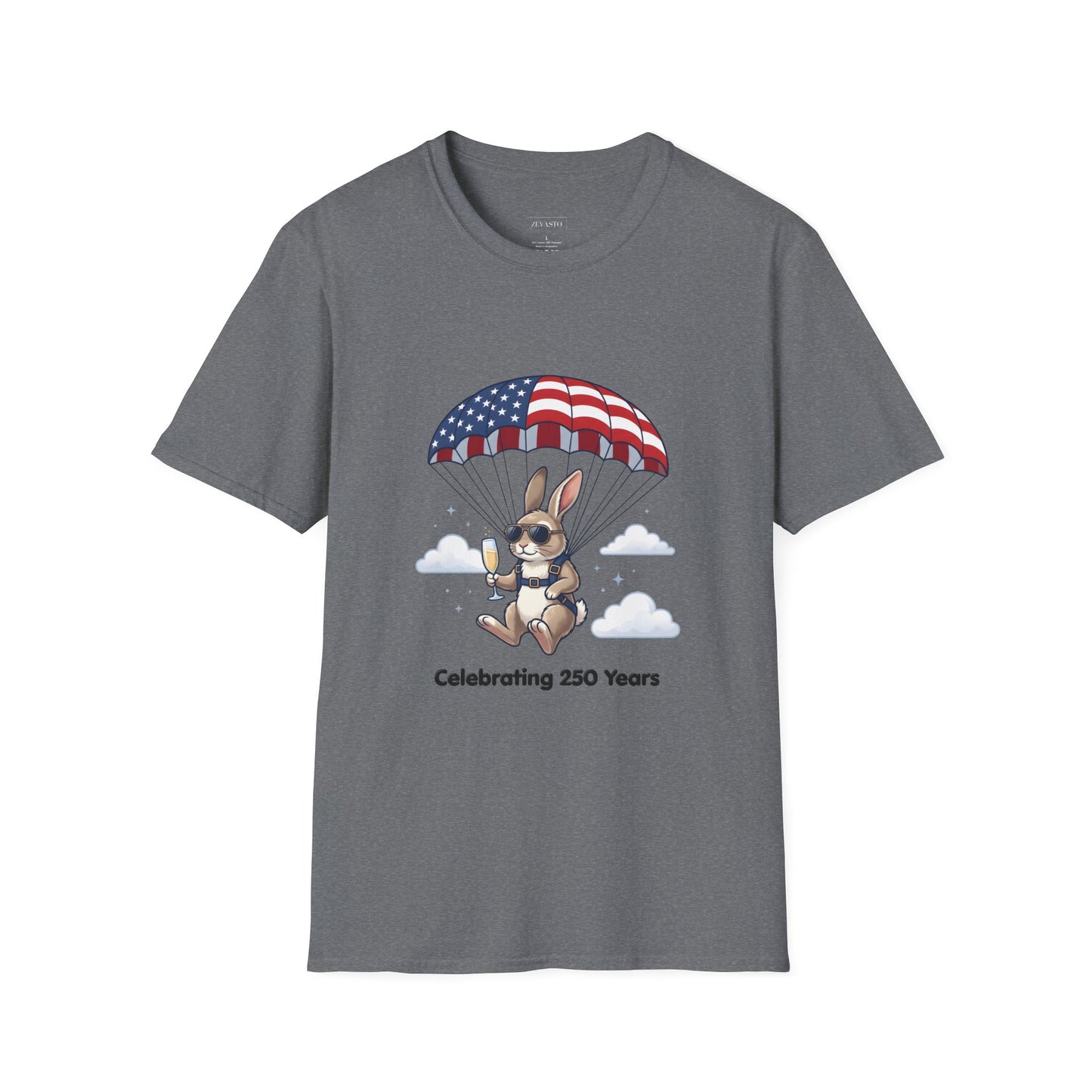 Patriotic Parachuting Bunny T-Shirt — "Celebrating 250 Years"