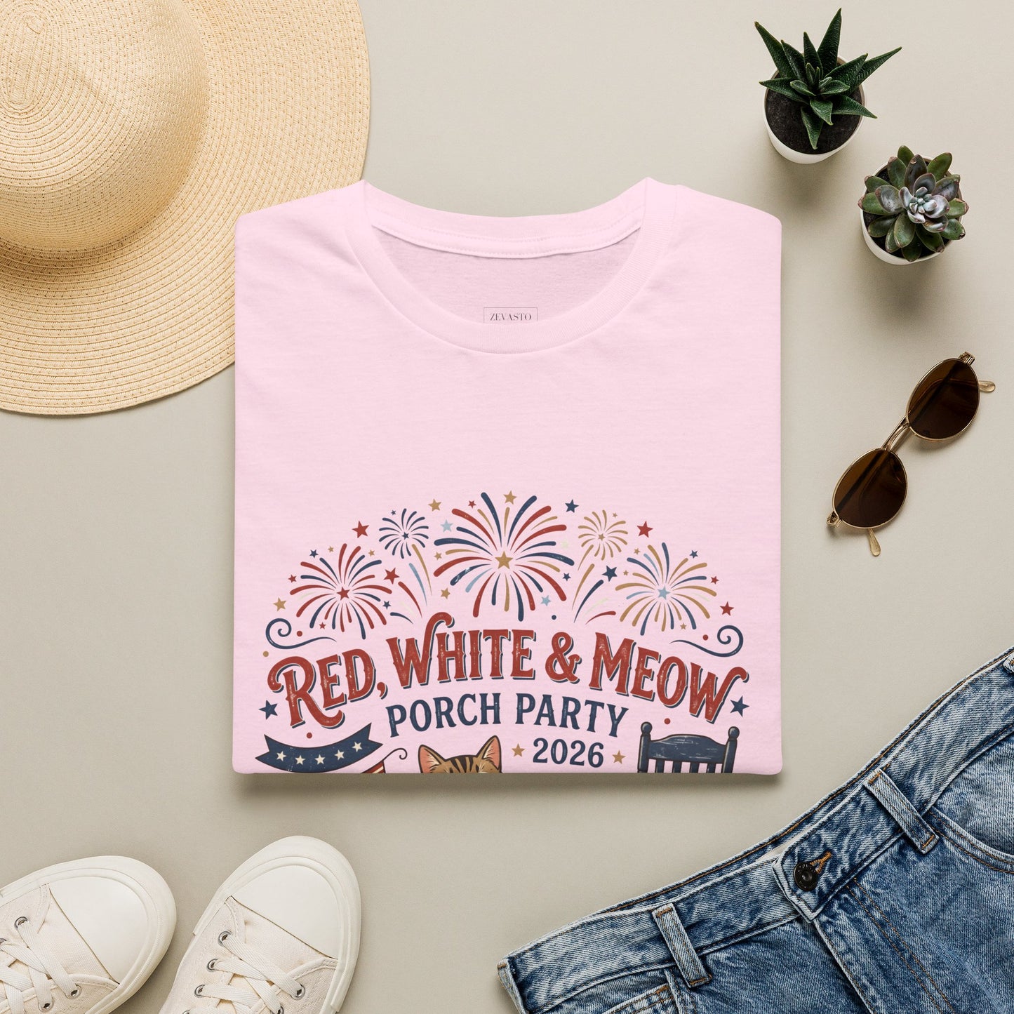 Red, White & Meow Porch Party T-Shirt — 2026 Patriotic Cat Tee, 4th of July Shirt, Independence Day Gift