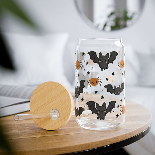 Halloween-Themed Sipper Glass, 16oz with Bat and Spider Design, Perfect for Spooky Parties, Fall Gatherings