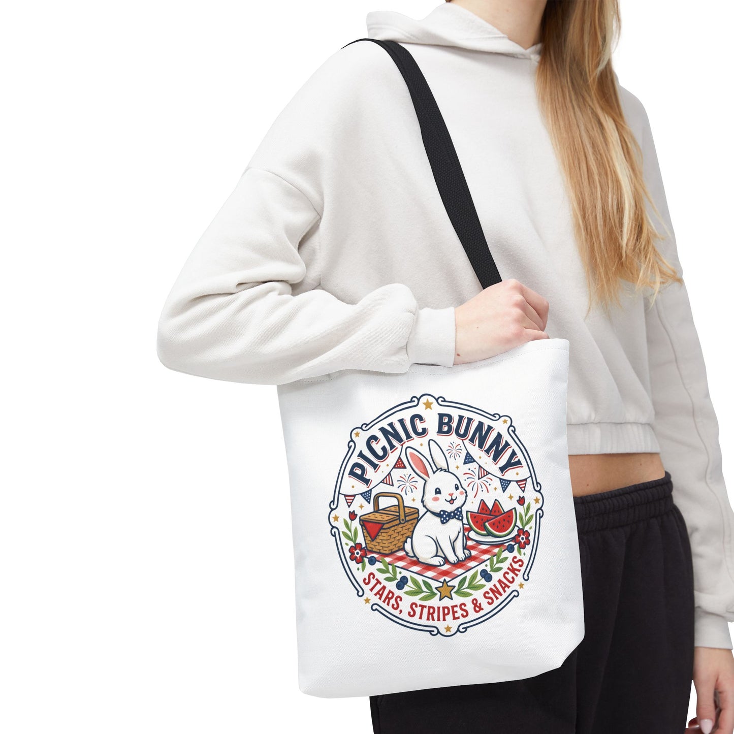 Patriotic Picnic Bunny Tote Bag — ‘Stars, Stripes & Snacks’ Cute Rabbit Picnic Tote, 4th of July Tote