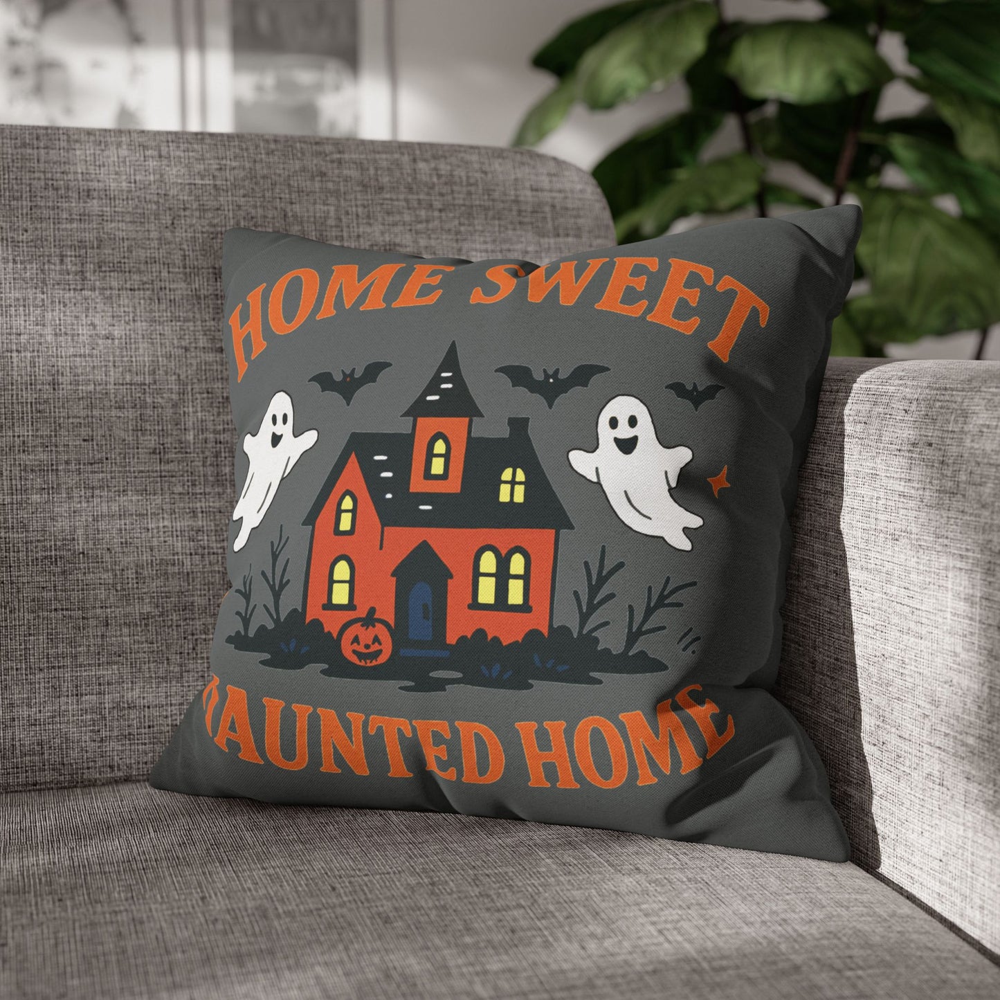 Halloween Themed Square Pillowcase, Home Sweet Haunted Home Decor