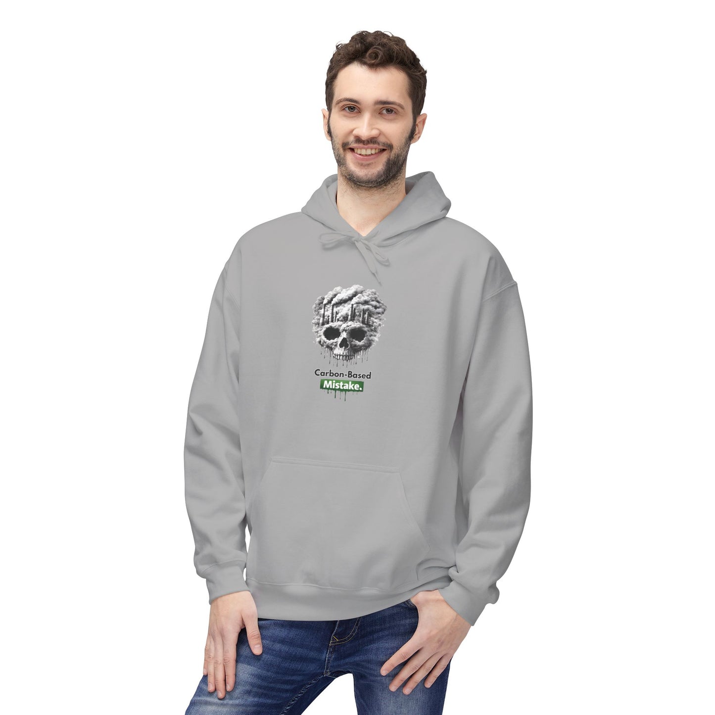 Unisex Hoodie — “Carbon-Based Mistake” Graphic Pullover, Gift for Earth Day, Sarcastic Hoodie