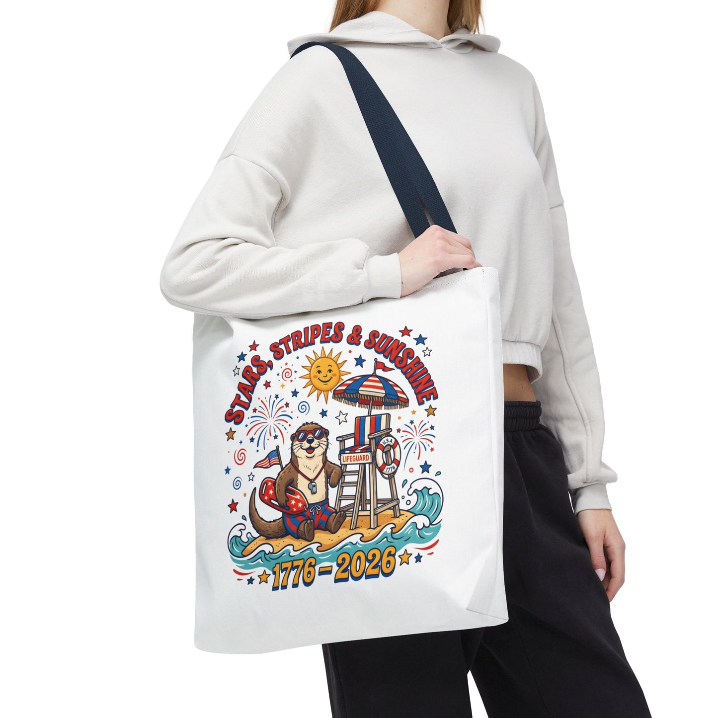 Stars, Stripes & Sunshine Tote Bag — 1776–2026 Patriotic Summer Beach Tote, 4th of July Tote